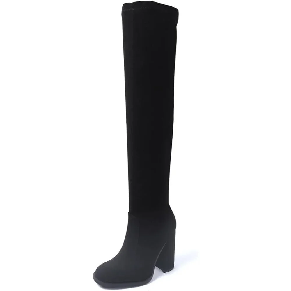 Women's Black 2 Thigh High Over The Knee Leather Heels Long Sexy Round Toe Boots